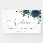 Navy Blue Flowers, Greenery, Birthday Welcome Spandoek (Horizontaal)