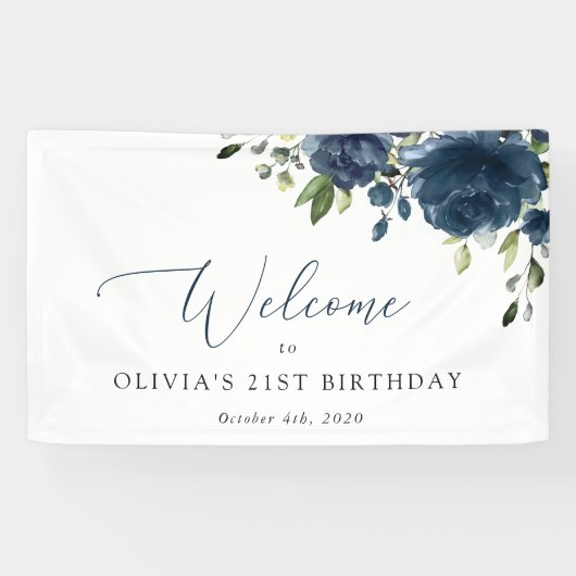 Navy Blue Flowers, Greenery, Birthday Welcome Spandoek (Horizontaal)