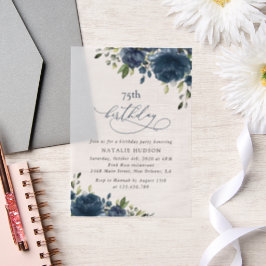 Navy Blue Flowers, Greenery, Boho, Any Birthday Vellum Uitnodigingen