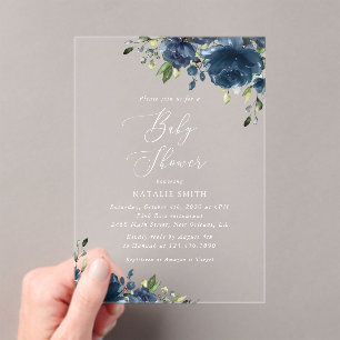 Navy Blue Flowers, Greenery, Boho, Baby shower Acryl Uitnodigingen