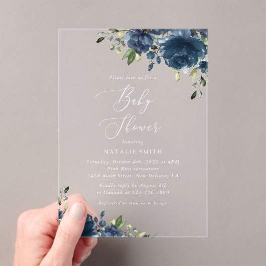 Navy Blue Flowers, Greenery, Boho, Baby shower Acryl Uitnodigingen (Insitu (Draagbaar))