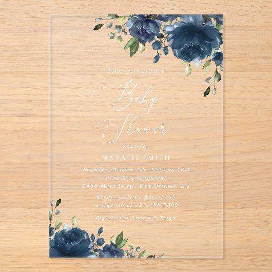 Navy Blue Flowers, Greenery, Boho, Baby shower Acryl Uitnodigingen (Voorkant)