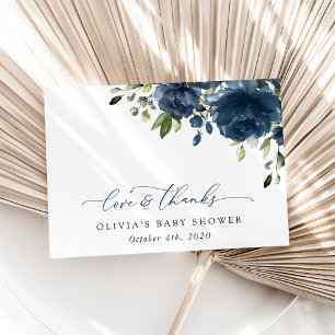Navy Blue Flowers, Greenery, Boho, Baby shower Bedankkaart