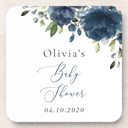 Navy Blue Flowers, Greenery, Boho, Baby shower Bier Onderzetter (Voorkant)