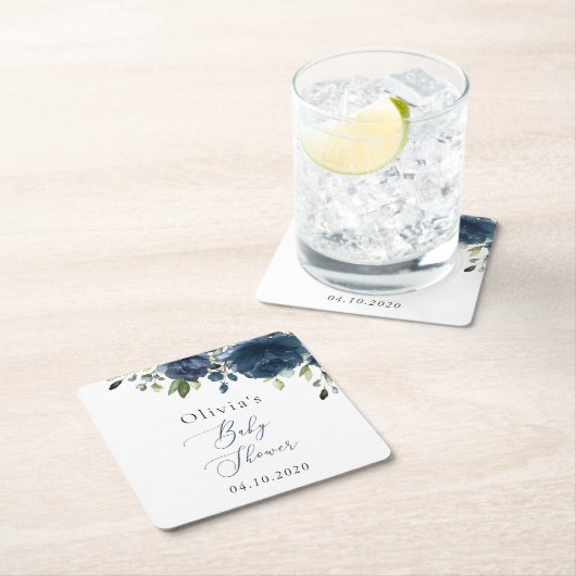 Navy Blue Flowers, Greenery, Boho, Baby shower Kartonnen Onderzetters (Insitu)