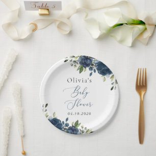 Navy Blue Flowers, Greenery, Boho, Baby shower Papieren Bordje