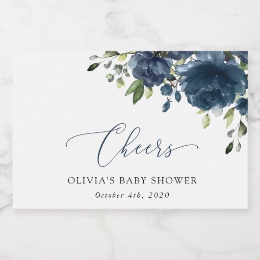 Navy Blue Flowers, Greenery, Boho, Baby shower Sparkling Wijnetiket (Enkel label)