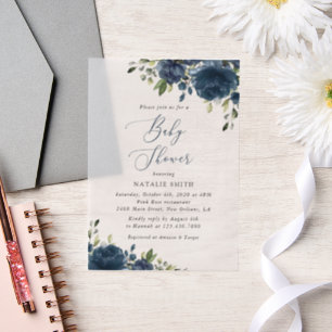 Navy Blue Flowers, Greenery, Boho, Baby shower Vellum Uitnodigingen