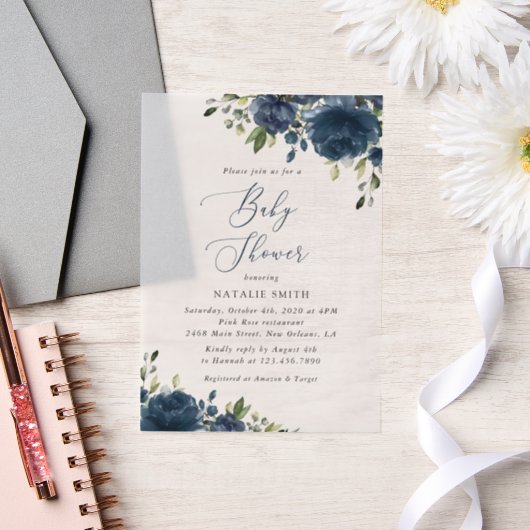 Navy Blue Flowers, Greenery, Boho, Baby shower Vellum Uitnodigingen (Huwelijk)