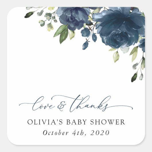 Navy Blue Flowers, Greenery, Boho, Baby shower Vierkante Sticker (Voorkant)