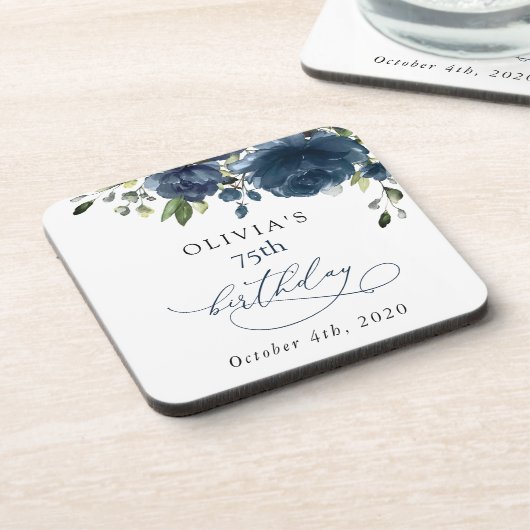 Navy Blue Flowers, Greenery, Boho, Birthday Bier Onderzetter (Linkerzijde)