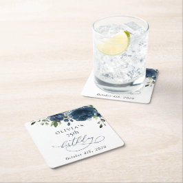 Navy Blue Flowers, Greenery, Boho, Birthday Kartonnen Onderzetters