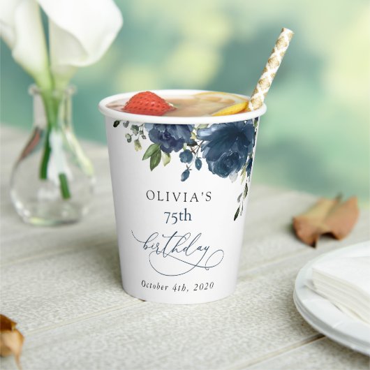 Navy Blue Flowers, Greenery, Boho, Birthday Papieren Bekers (Insitu)