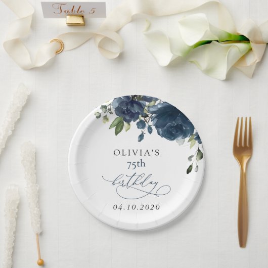 Navy Blue Flowers, Greenery, Boho, Birthday Papieren Bordje (Huwelijk)