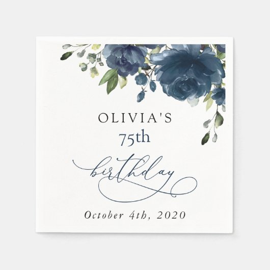 Navy Blue Flowers, Greenery, Boho, Birthday Servet (Voorkant)