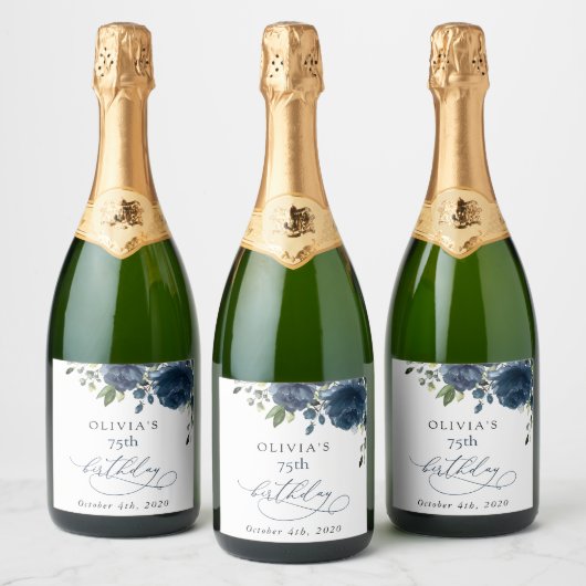 Navy Blue Flowers, Greenery, Boho, Birthday Sparkling Wijnetiket (Flessen)