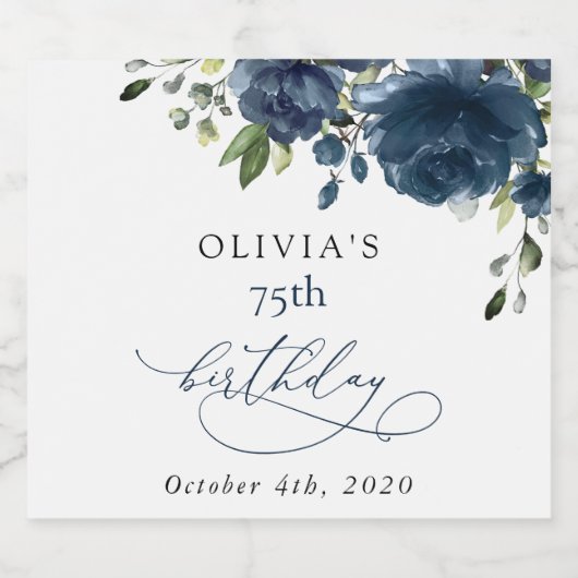 Navy Blue Flowers, Greenery, Boho, Birthday Sparkling Wijnetiket (Enkel label)