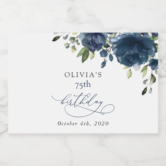 Navy Blue Flowers, Greenery, Boho, Birthday Sparkling Wijnetiket (Enkel label)