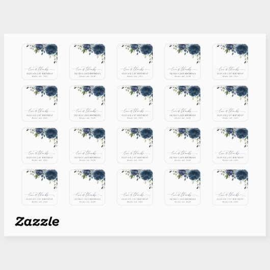 Navy Blue Flowers, Greenery, Boho, Birthday Vierkante Sticker (Vel)