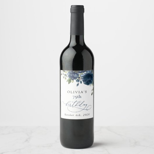 Navy Blue Flowers, Greenery, Boho, Birthday Wijn Etiket (Voorkant)