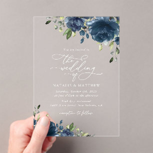 Navy Blue Flowers, Greenery, Boho, Floral Wedding Acryl Uitnodigingen