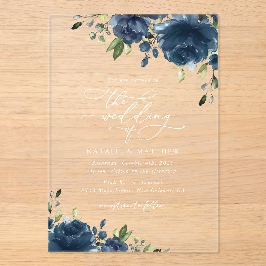 Navy Blue Flowers, Greenery, Boho, Floral Wedding Acryl Uitnodigingen (Voorkant)