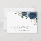 Navy Blue Flowers, Greenery, Boho, Floral Wedding Bedankkaart (Voorkant)