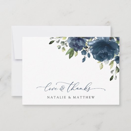 Navy Blue Flowers, Greenery, Boho, Floral Wedding Bedankkaart (Voorkant)
