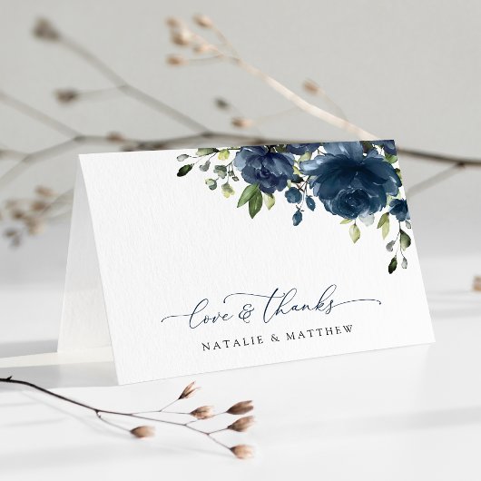 Navy Blue Flowers, Greenery, Boho, Floral Wedding Bedankkaart
