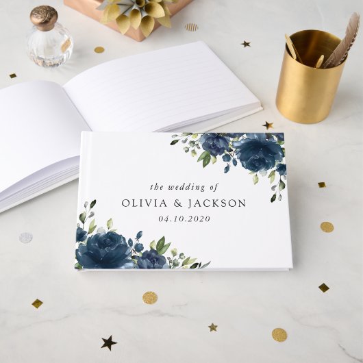 Navy Blue Flowers, Greenery, Boho, Floral Wedding Gastenboek (Voorkant open)