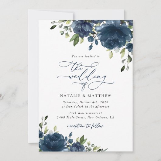 Navy Blue Flowers, Greenery, Boho, Floral Wedding Kaart (Voorkant)