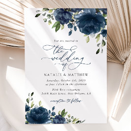 Navy Blue Flowers, Greenery, Boho, Floral Wedding Kaart