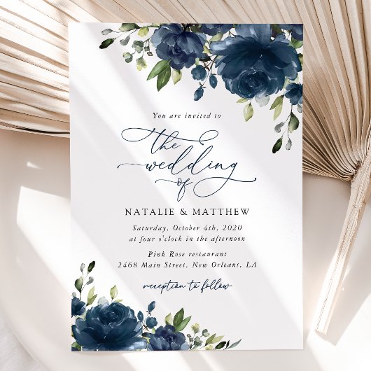 Navy Blue Flowers, Greenery, Boho, Floral Wedding Kaart