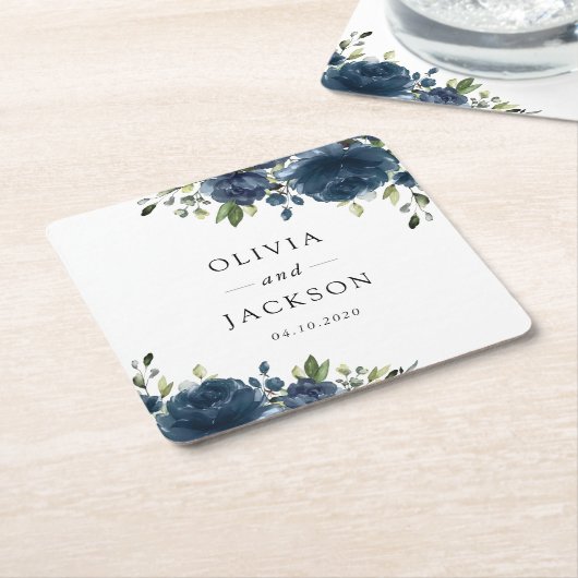 Navy Blue Flowers, Greenery, Boho, Floral Wedding Kartonnen Onderzetters (Schuin)