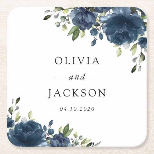 Navy Blue Flowers, Greenery, Boho, Floral Wedding Kartonnen Onderzetters (Voorkant)