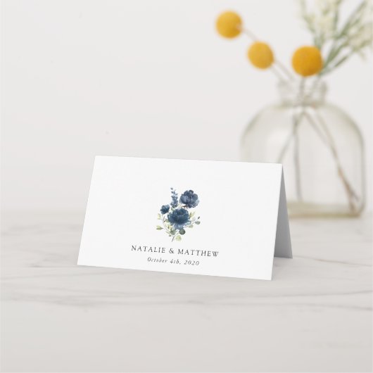 Navy Blue Flowers, Greenery, Boho, Floral Wedding Plaatskaartje (Achterkant)