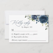 Navy Blue Flowers, Greenery, Boho, Floral Wedding RSVP Kaartje (Voorkant)