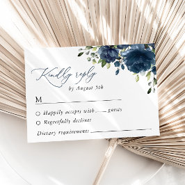 Navy Blue Flowers, Greenery, Boho, Floral Wedding RSVP Kaartje