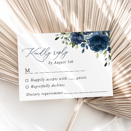 Navy Blue Flowers, Greenery, Boho, Floral Wedding RSVP Kaartje