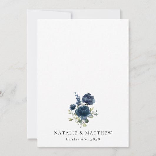 Navy Blue Flowers, Greenery, Boho, Floral Wedding Save The Date (Achterkant)