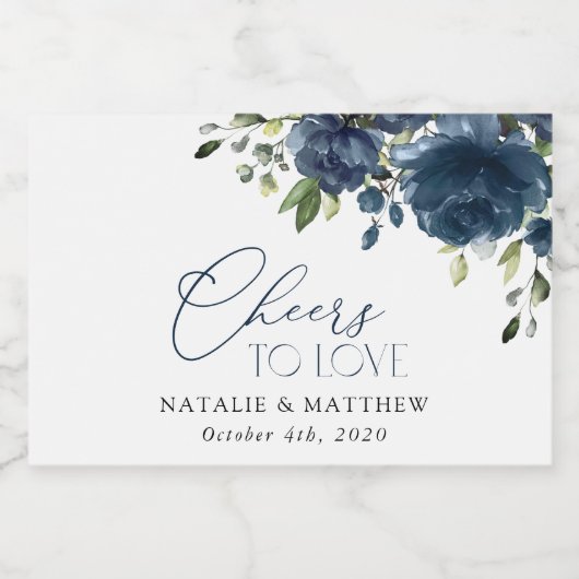 Navy Blue Flowers, Greenery, Boho, Floral Wedding Sparkling Wijnetiket (Enkel label)