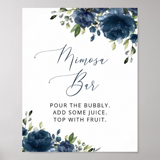 Navy Blue Flowers, Greenery, Boho, Mimosa Bar Poster (Voorkant)