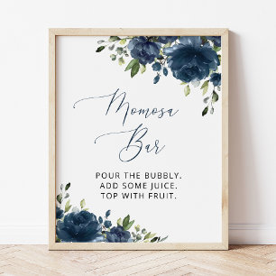 Navy Blue Flowers, Greenery, Boho, Momosa Bar Poster