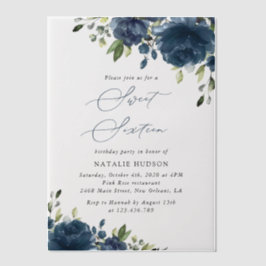 Navy Blue Flowers, Greenery, Boho, Sweet 16 Vellum Uitnodigingen