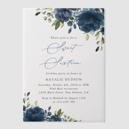 Navy Blue Flowers, Greenery, Boho, Sweet 16 Vellum Uitnodigingen (Voorkant)
