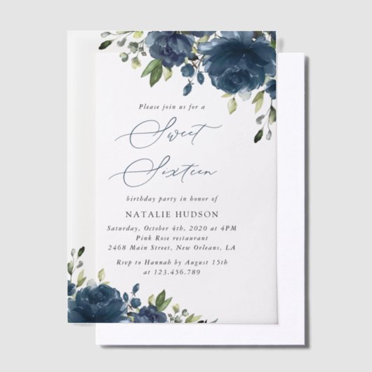 Navy Blue Flowers, Greenery, Boho, Sweet 16 Vellum Uitnodigingen (Offset)