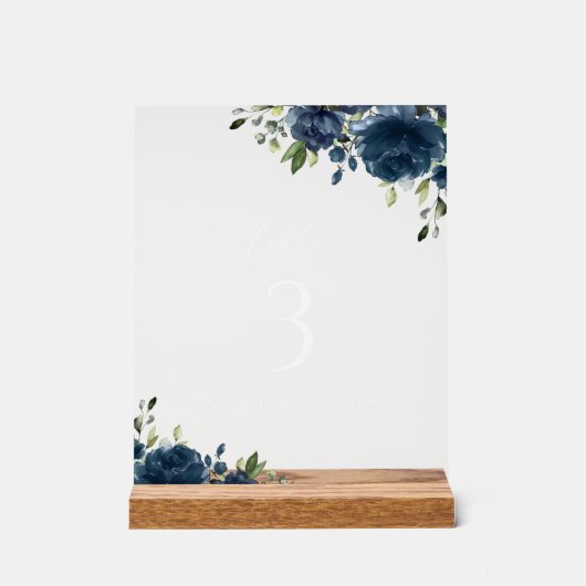 Navy Blue Flowers, Greenery, Boho, tabelnummers Acryl Bord (Voorkant)