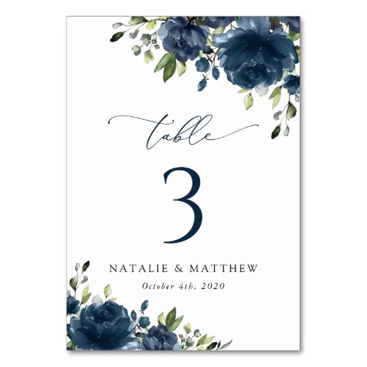 Navy Blue Flowers, Greenery, Boho, tabelnummers Kaart (Voorkant)