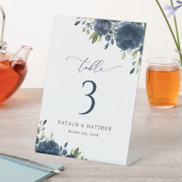Navy Blue Flowers, Greenery, Boho, tabelnummers Reclamebord Met Voetstuk