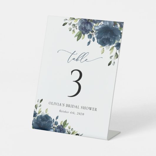 Navy Blue Flowers, Greenery, Boho, tabelnummers Reclamebord Met Voetstuk (Voorkant)